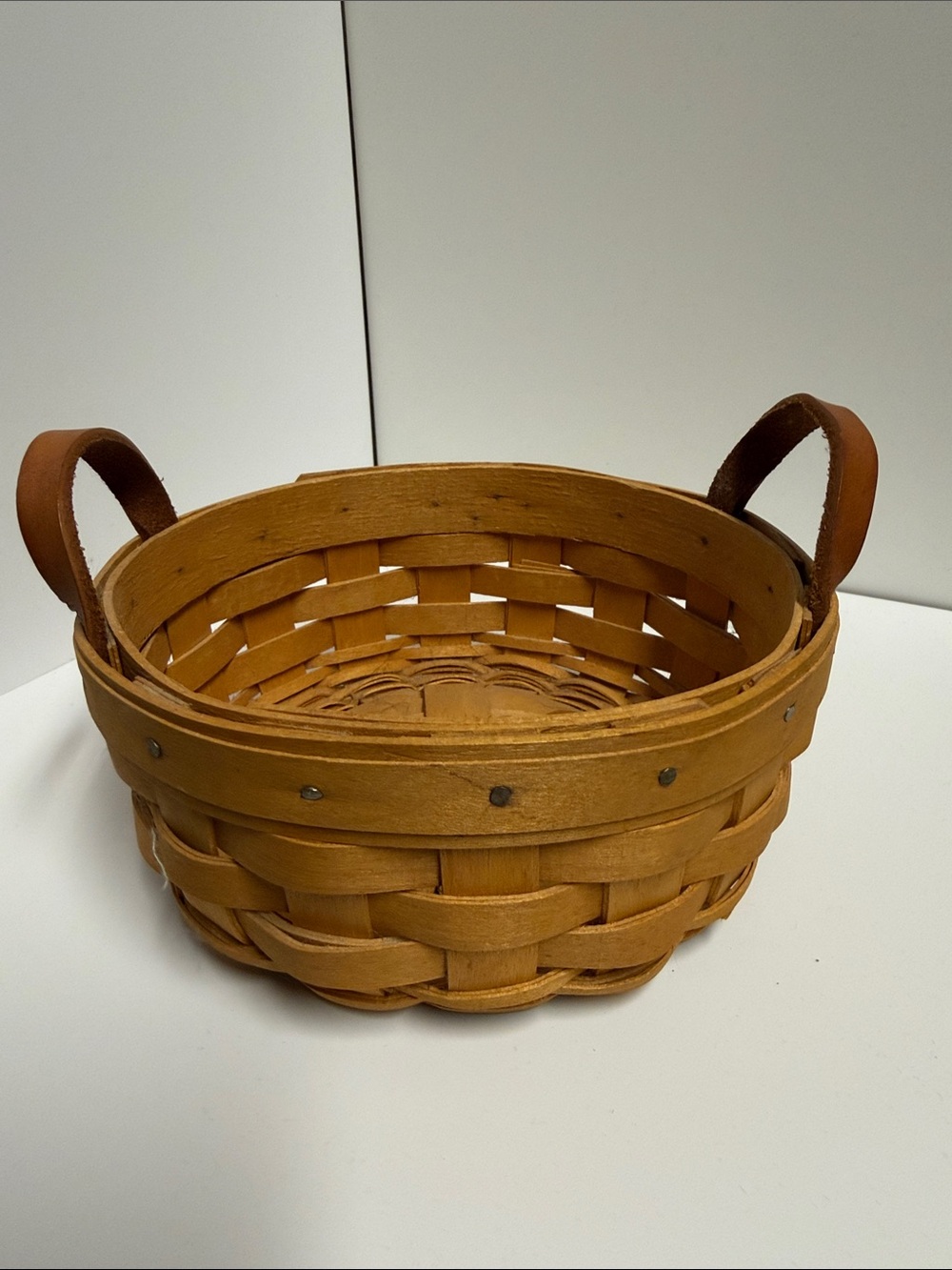 Longaberger Tan-Brown Woven Wood Basket with Leather Handles